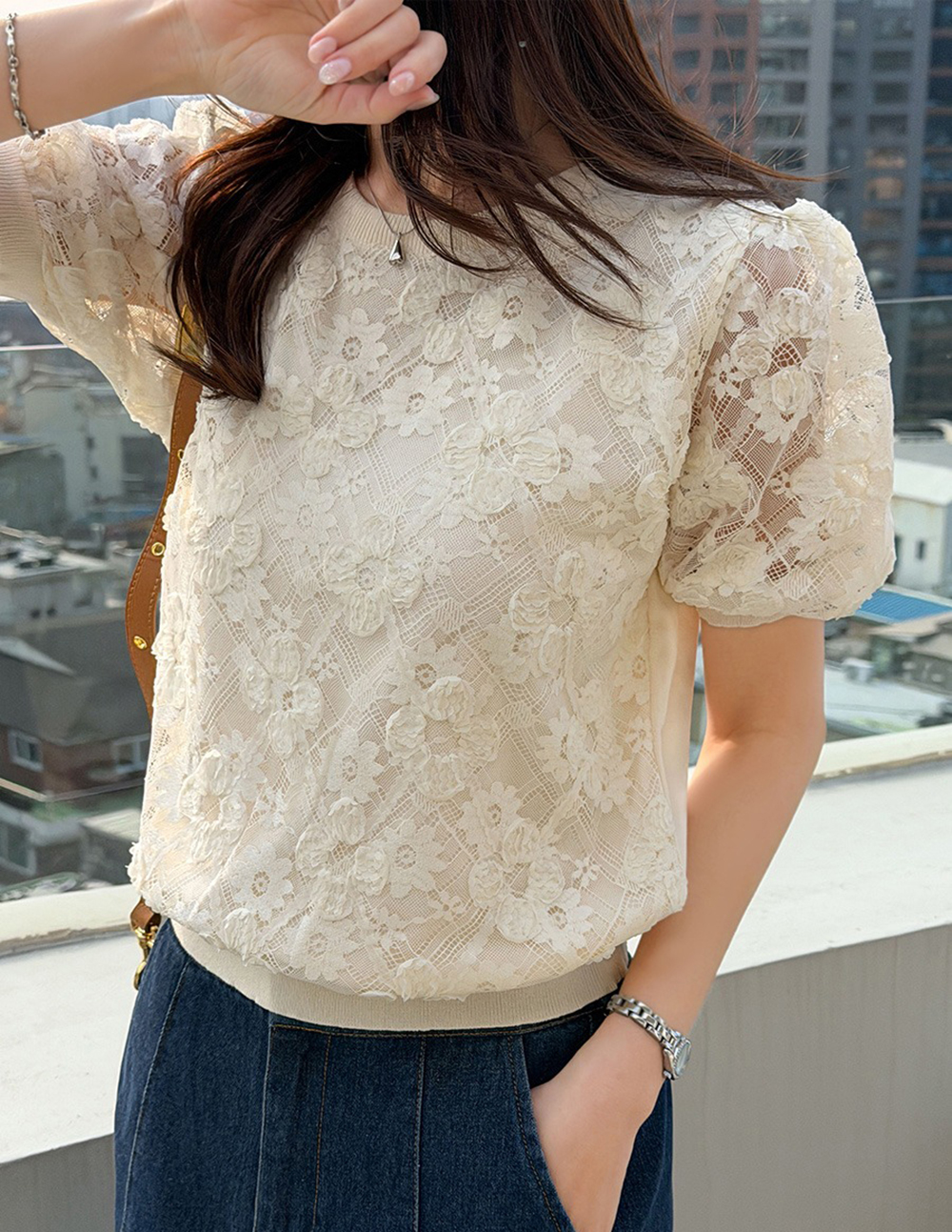 花卉蕾絲刺繡針織上衣,KOREA,363156,花卉蕾絲刺繡針織上衣,領500,999免運