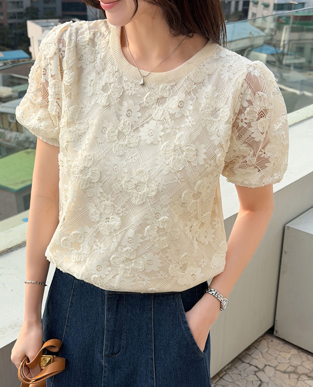 花卉蕾絲刺繡針織上衣,KOREA,363156,花卉蕾絲刺繡針織上衣,領500,999免運