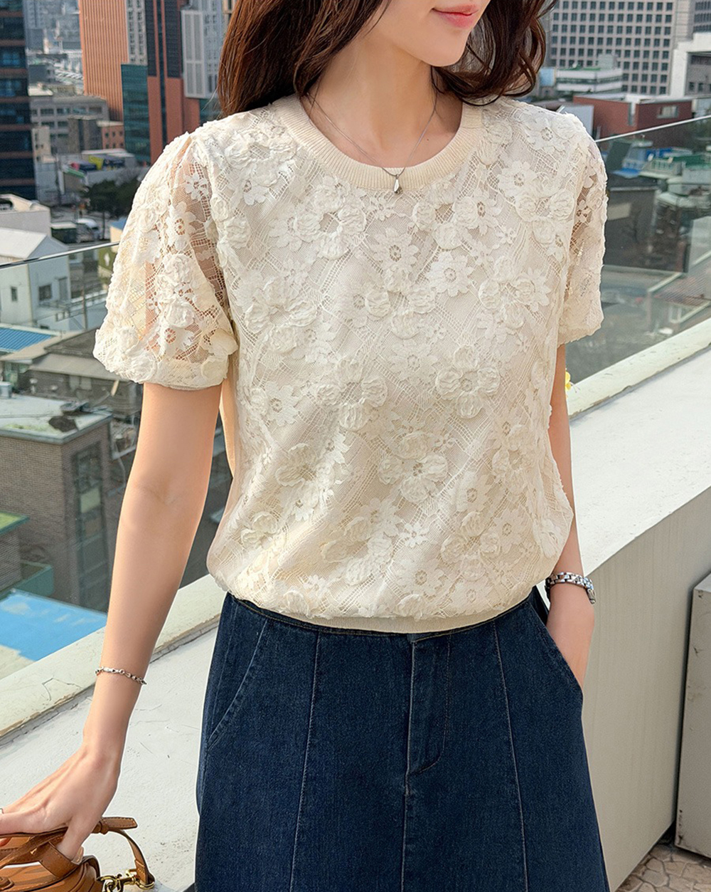 花卉蕾絲刺繡針織上衣,KOREA,363156,花卉蕾絲刺繡針織上衣,領500,999免運