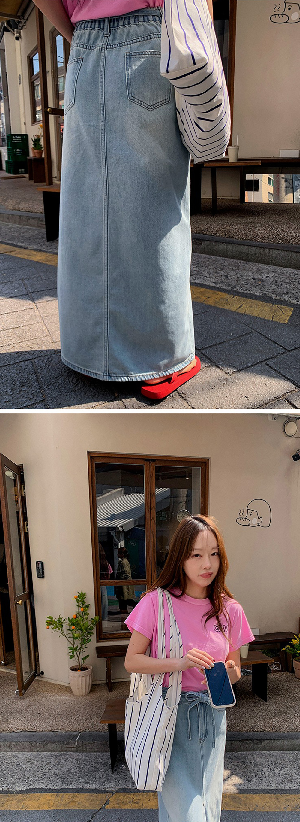 後鬆緊腰開衩牛仔長裙,KOREA,363352,後鬆緊腰開衩牛仔長裙,領500,999免運
