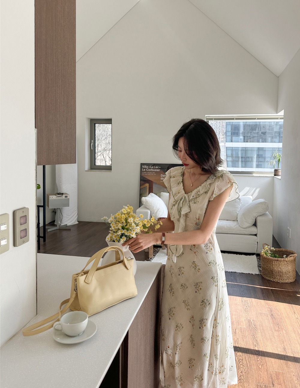 荷葉邊V領印花長洋裝,KOREA,363629,荷葉邊V領印花長洋裝,領500,999免運