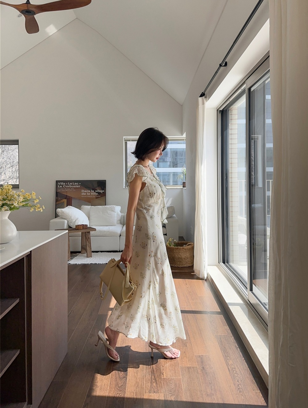 荷葉邊V領印花長洋裝,KOREA,363629,荷葉邊V領印花長洋裝,領500,999免運