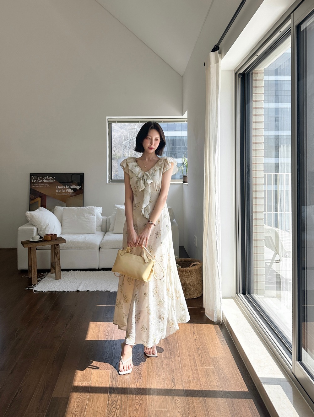 荷葉邊V領印花長洋裝,KOREA,363629,荷葉邊V領印花長洋裝,領500,999免運