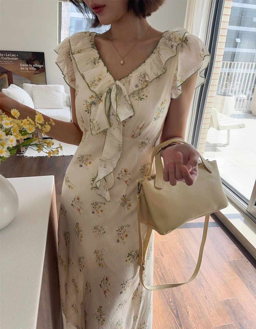 荷葉邊V領印花長洋裝,KOREA,363629,荷葉邊V領印花長洋裝,領500,999免運