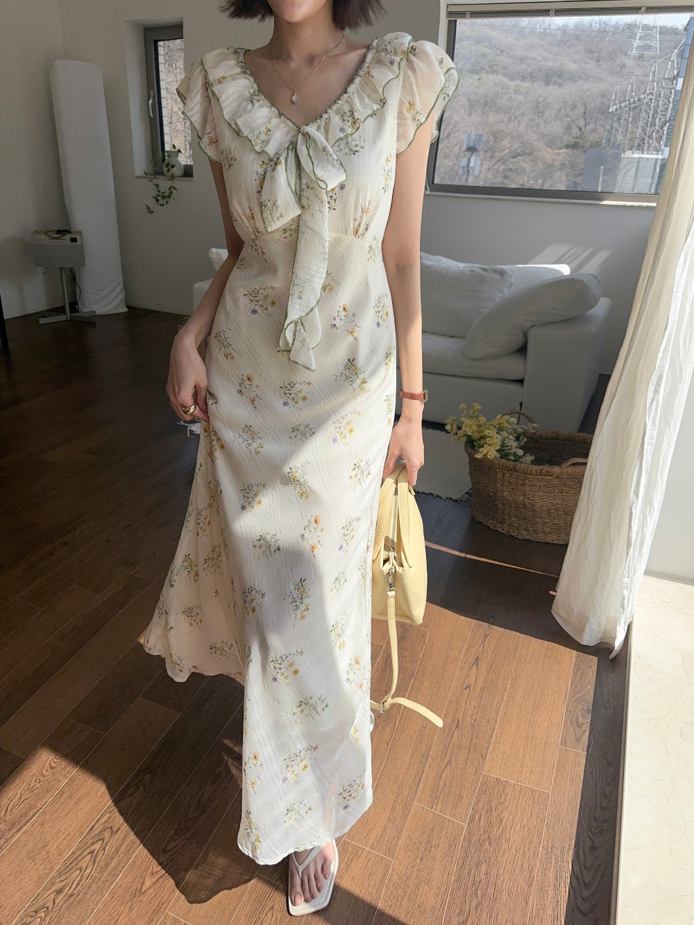 荷葉邊V領印花長洋裝,KOREA,363629,荷葉邊V領印花長洋裝,領500,999免運