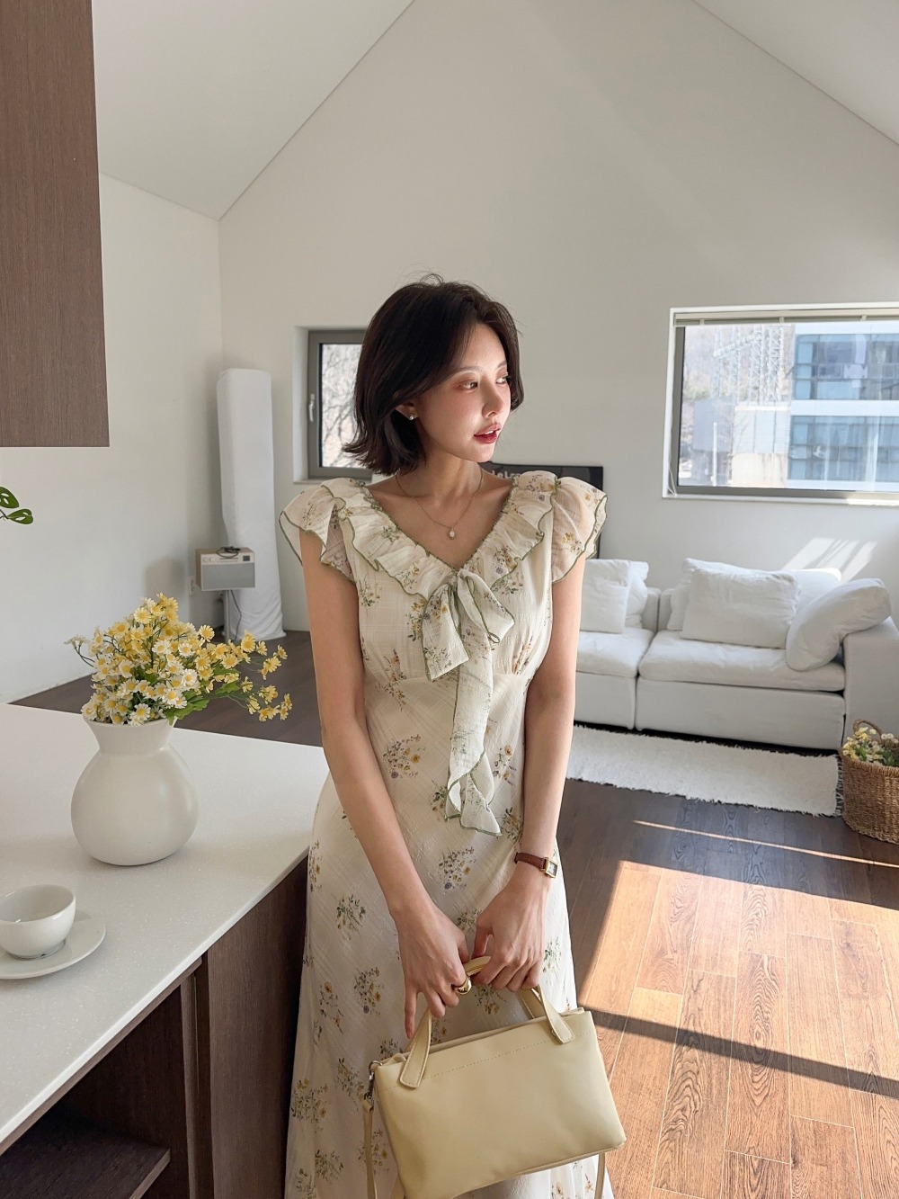 荷葉邊V領印花長洋裝,KOREA,363629,荷葉邊V領印花長洋裝,領500,999免運