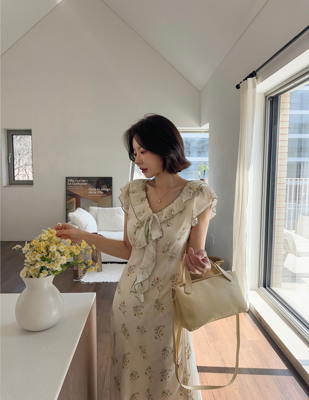 荷葉邊V領印花長洋裝,KOREA,363629,荷葉邊V領印花長洋裝,領500,999免運