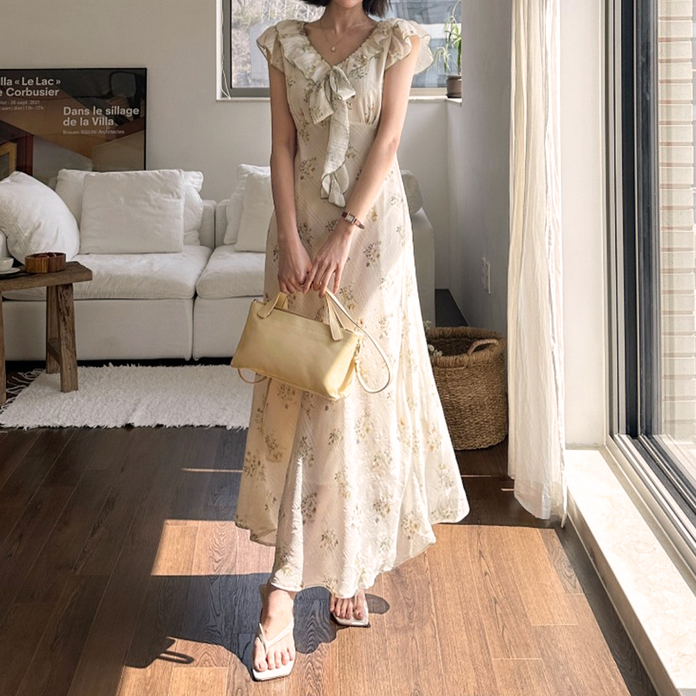 荷葉邊V領印花長洋裝