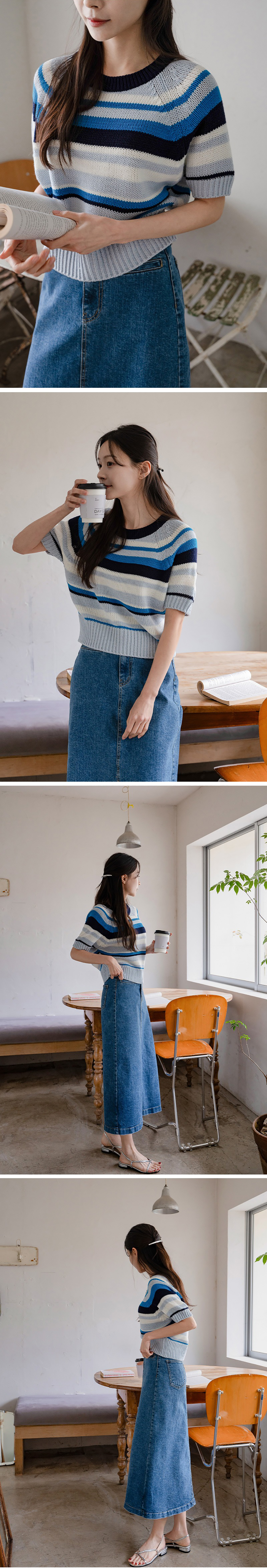 多色條紋短袖針織上衣,KOREA,363634,多色條紋短袖針織上衣,領500,999免運