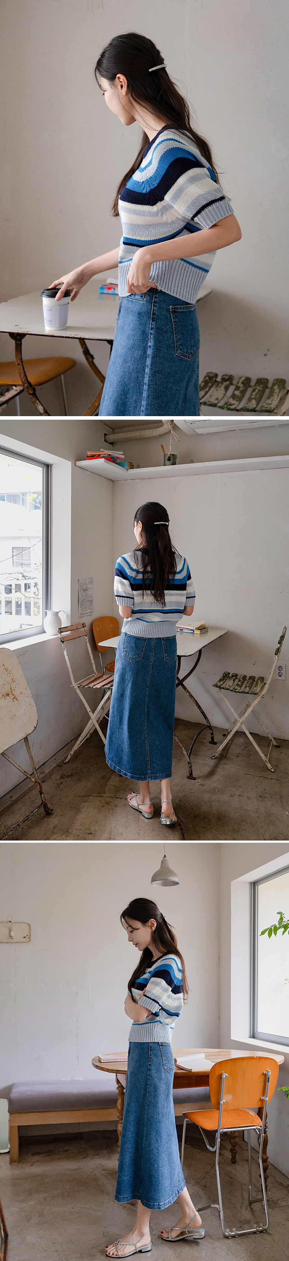 多色條紋短袖針織上衣,KOREA,363634,多色條紋短袖針織上衣,領500,999免運