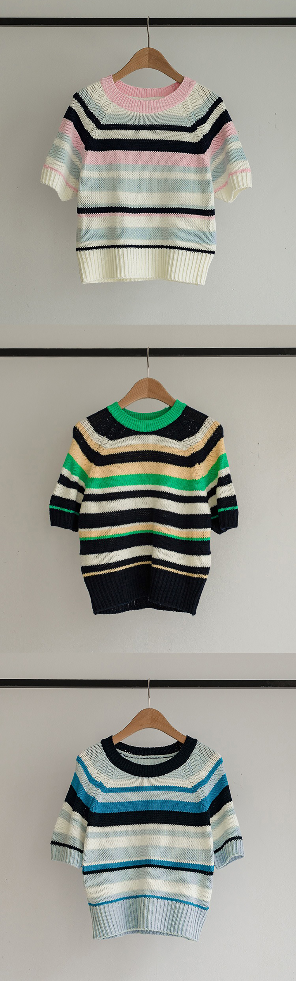 多色條紋短袖針織上衣,KOREA,363634,多色條紋短袖針織上衣,領500,999免運