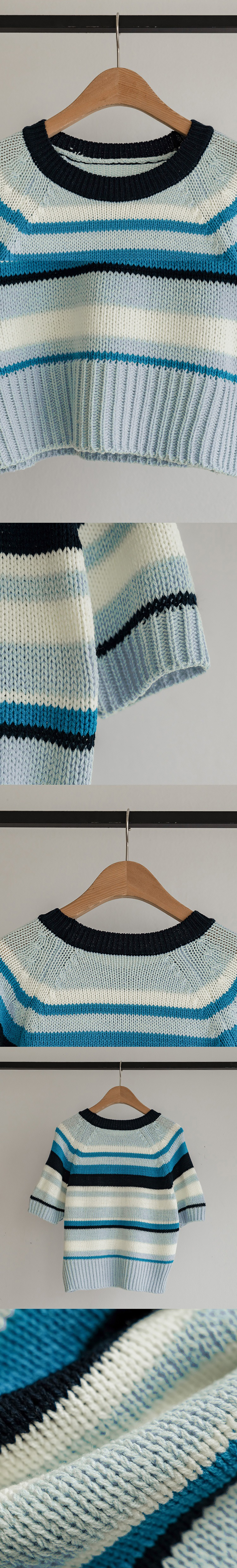 多色條紋短袖針織上衣,KOREA,363634,多色條紋短袖針織上衣,領500,999免運