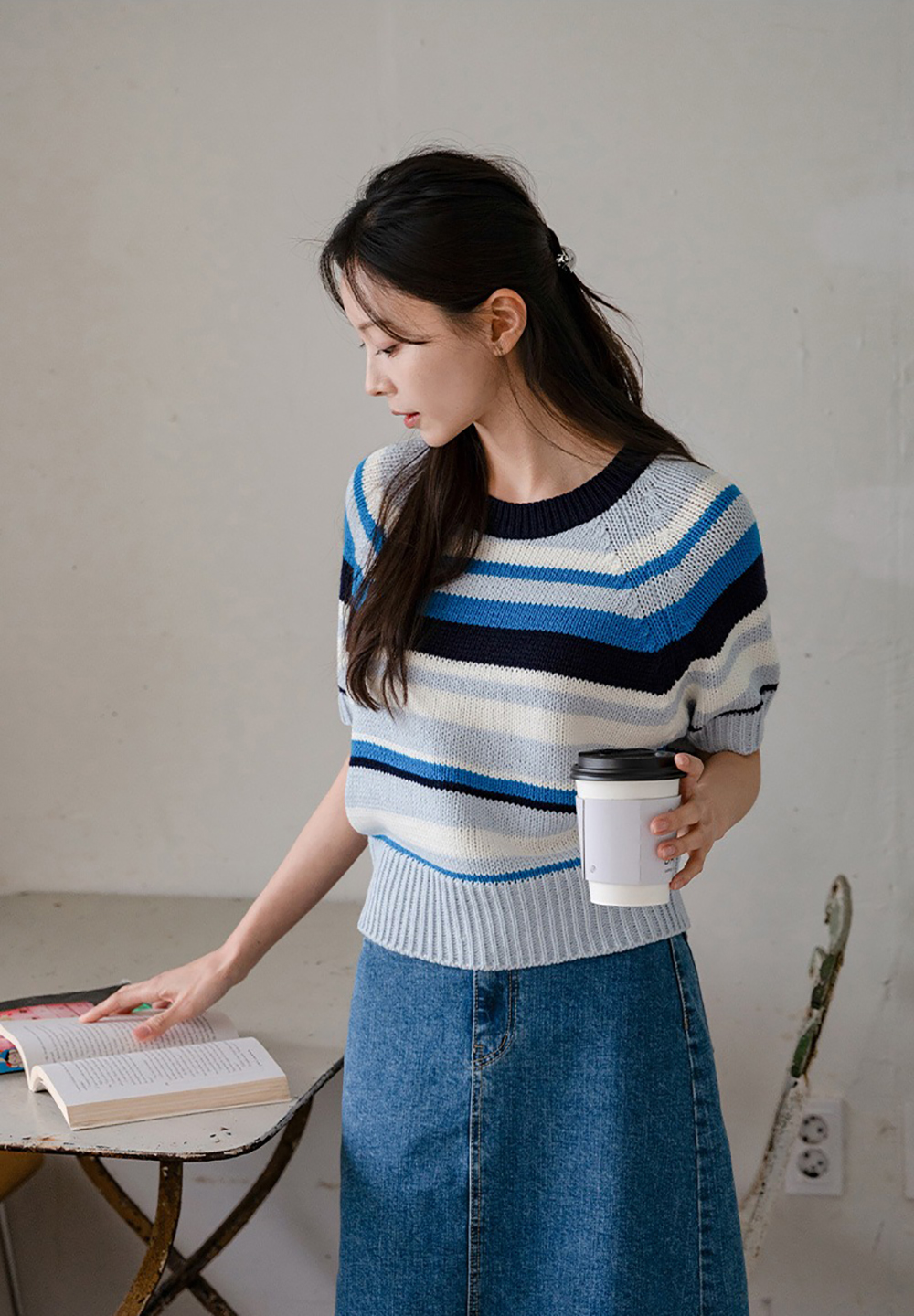 多色條紋短袖針織上衣,KOREA,363634,多色條紋短袖針織上衣,領500,999免運