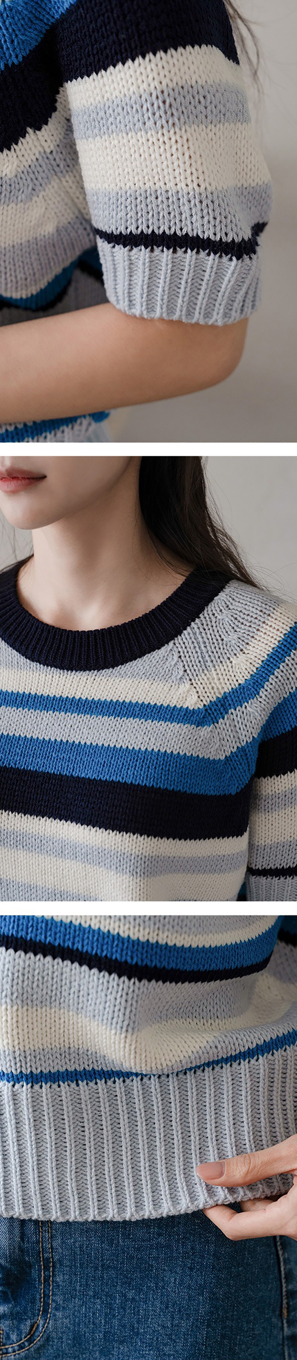 多色條紋短袖針織上衣,KOREA,363634,多色條紋短袖針織上衣,領500,999免運