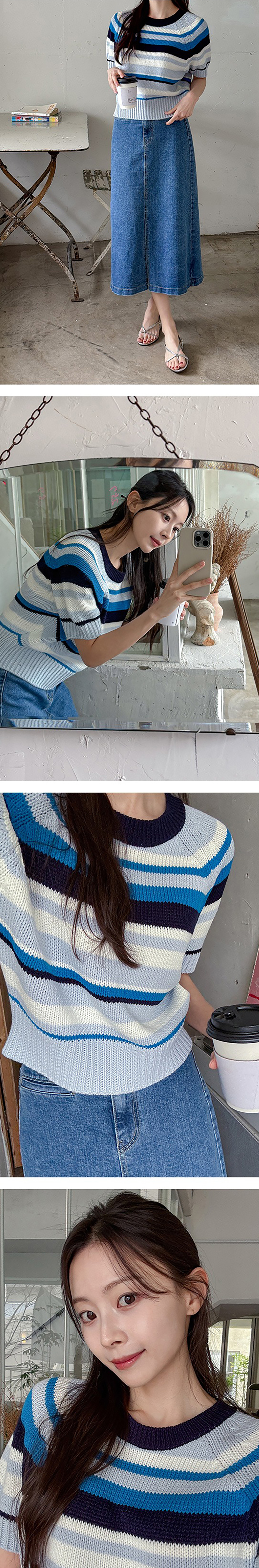 多色條紋短袖針織上衣,KOREA,363634,多色條紋短袖針織上衣,領500,999免運