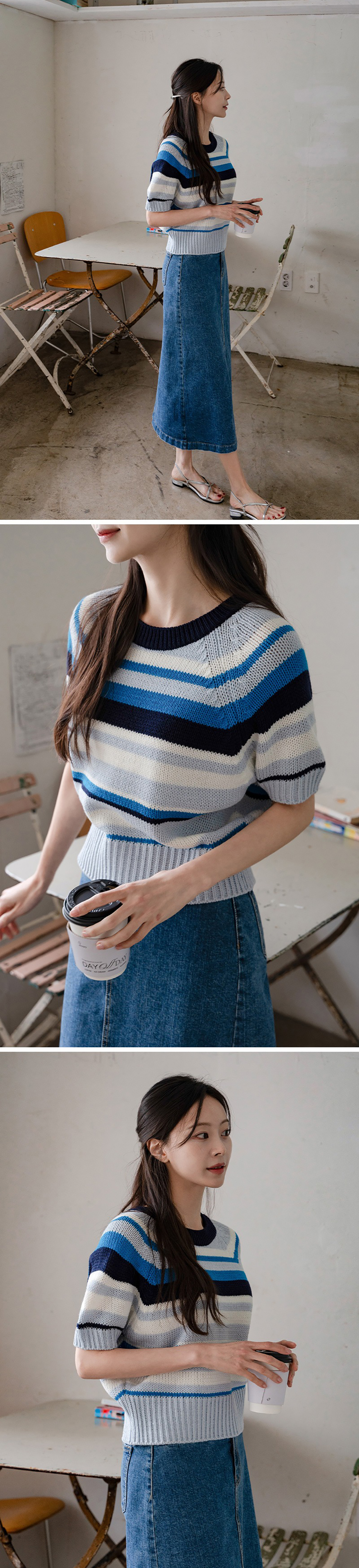 多色條紋短袖針織上衣,KOREA,363634,多色條紋短袖針織上衣,領500,999免運