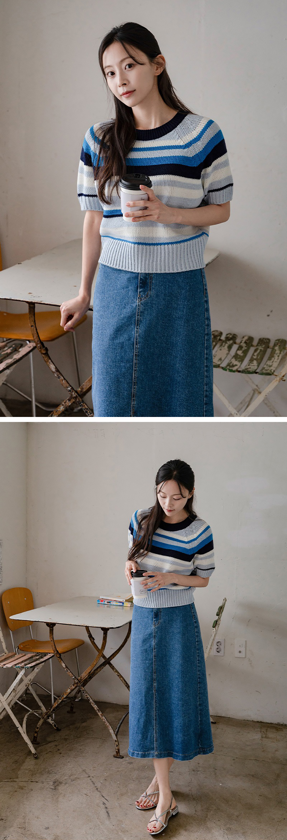 多色條紋短袖針織上衣,KOREA,363634,多色條紋短袖針織上衣,領500,999免運