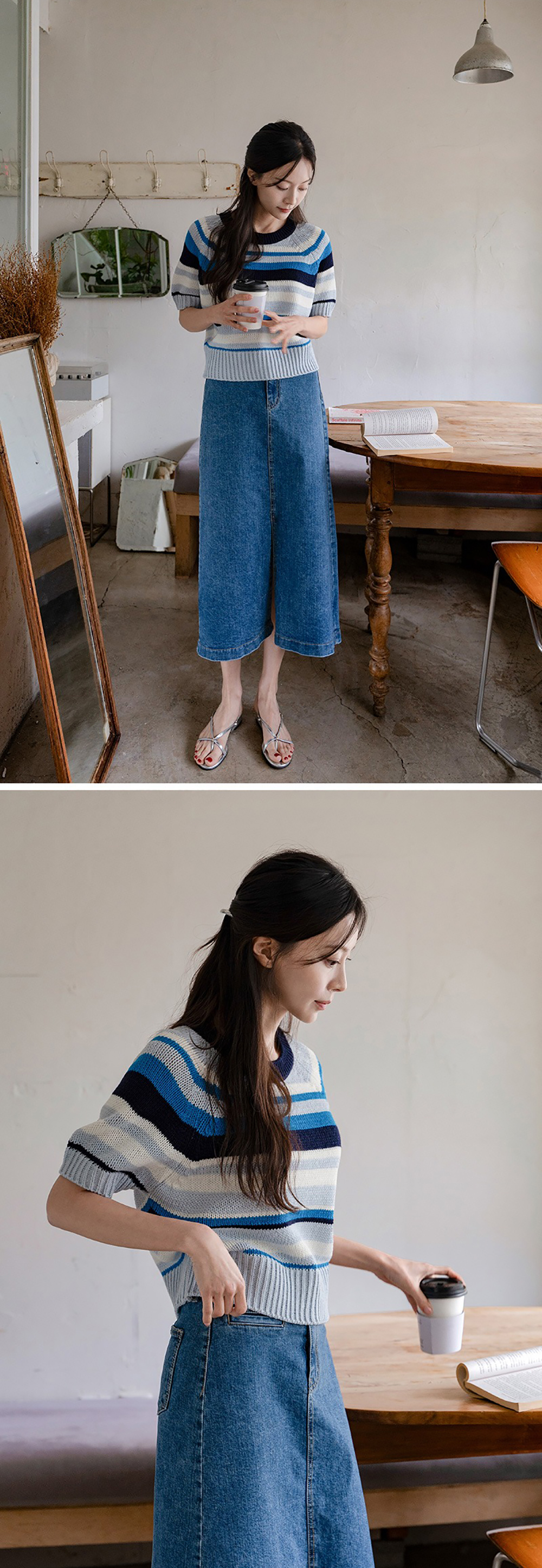 多色條紋短袖針織上衣,KOREA,363634,多色條紋短袖針織上衣,領500,999免運