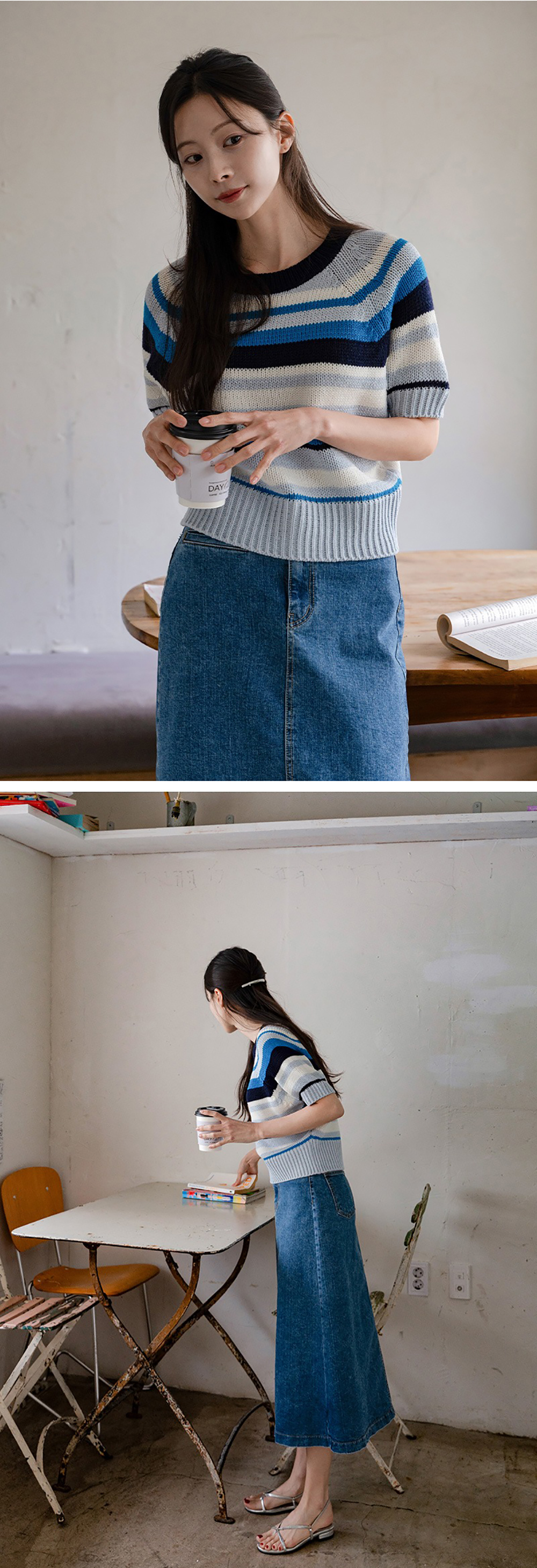 多色條紋短袖針織上衣,KOREA,363634,多色條紋短袖針織上衣,領500,999免運