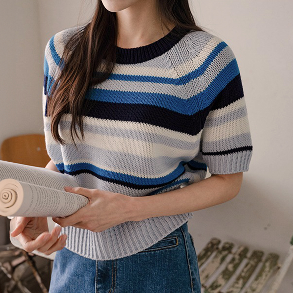 多色條紋短袖針織上衣
