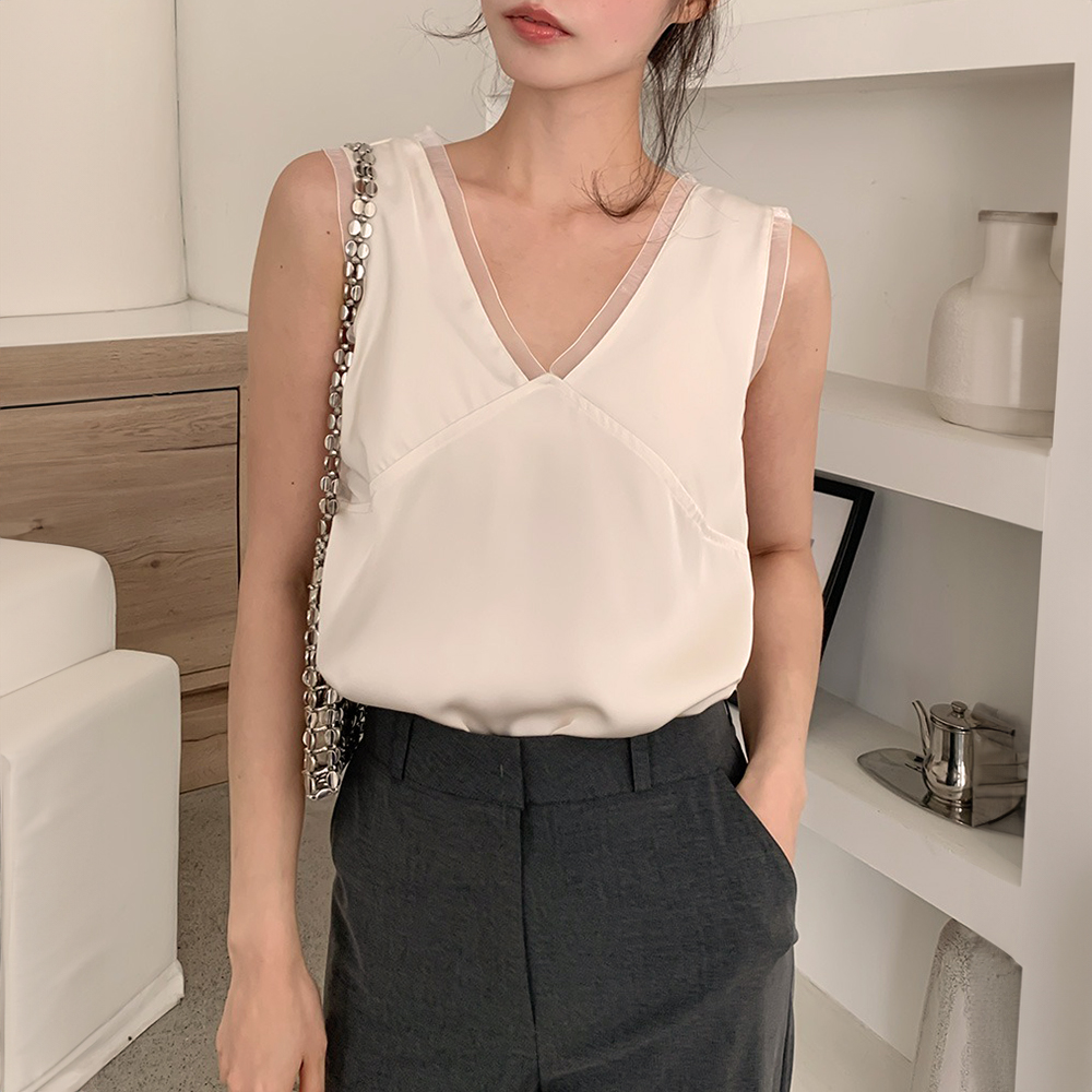 緞面蕾絲拼接V領背心