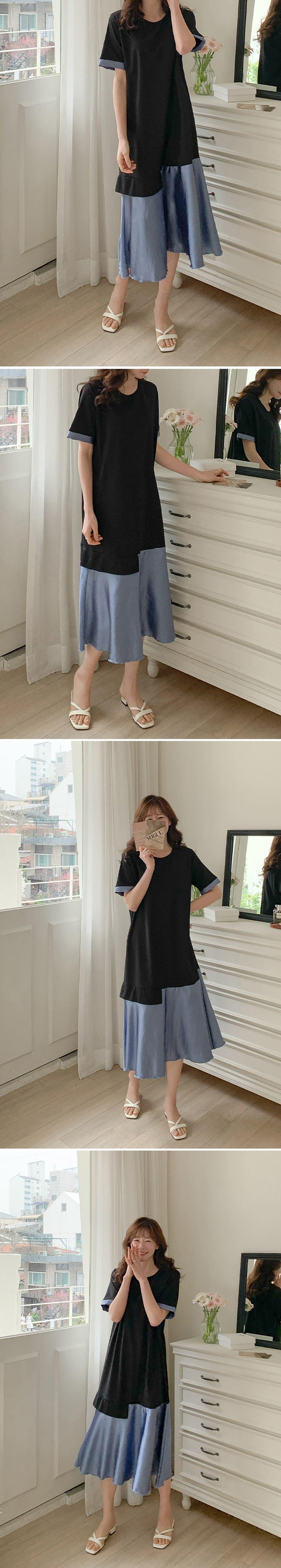 不對稱緞面拼接長洋裝,KOREA,363459,不對稱緞面拼接長洋裝,周新品優惠,NEWARRIVAL