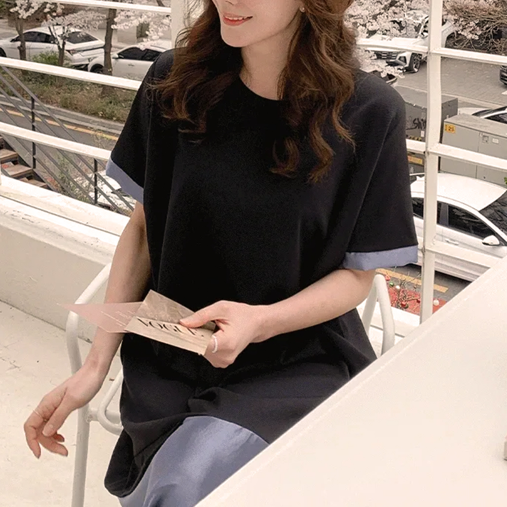 不對稱緞面拼接長洋裝