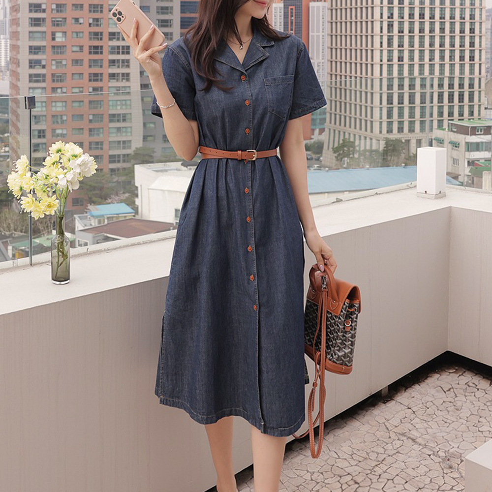 精緻翻領開衩牛仔洋裝