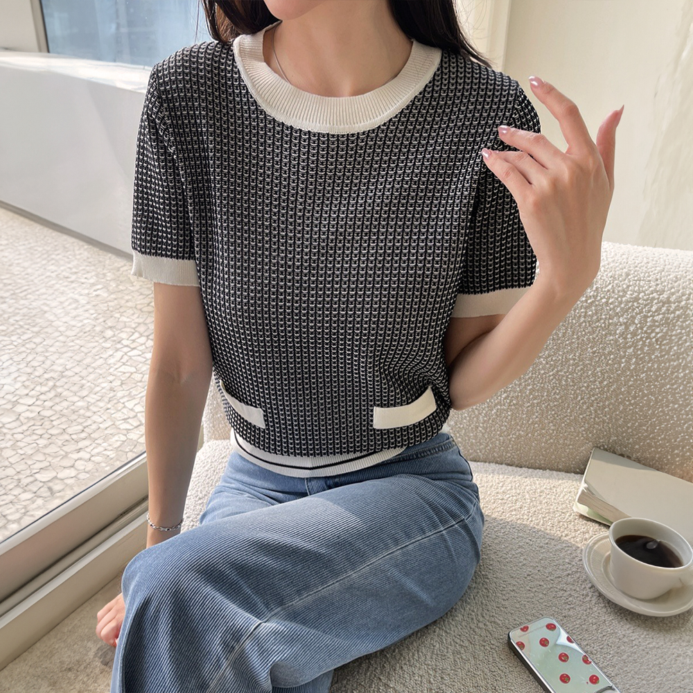 撞色粗花呢針織上衣