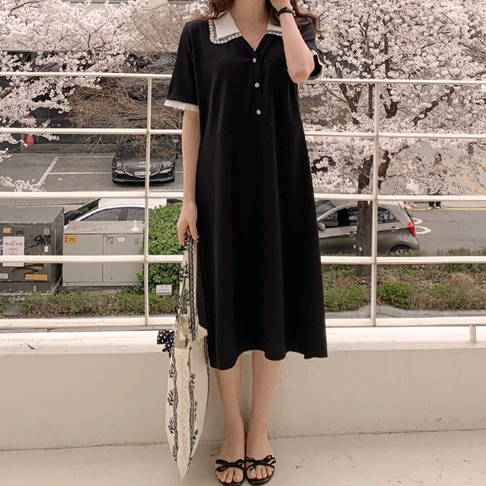 精緻刺繡蕾絲領長洋裝