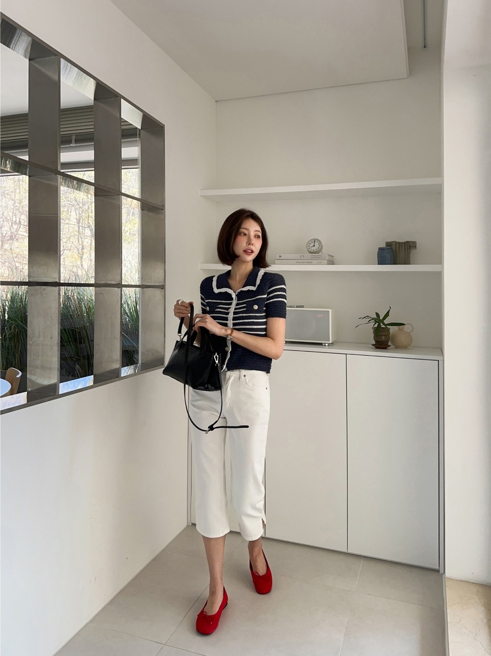 撞色翻領條紋針織上衣,KOREA,365099,撞色翻領條紋針織上衣,周新品優惠,NEWARRIVAL
