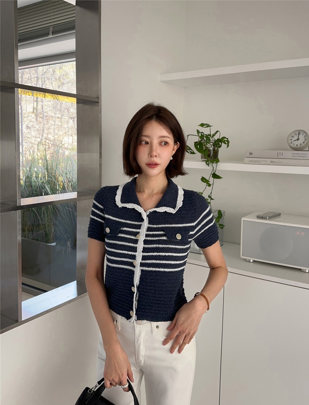 撞色翻領條紋針織上衣,KOREA,365099,撞色翻領條紋針織上衣,周新品優惠,NEWARRIVAL