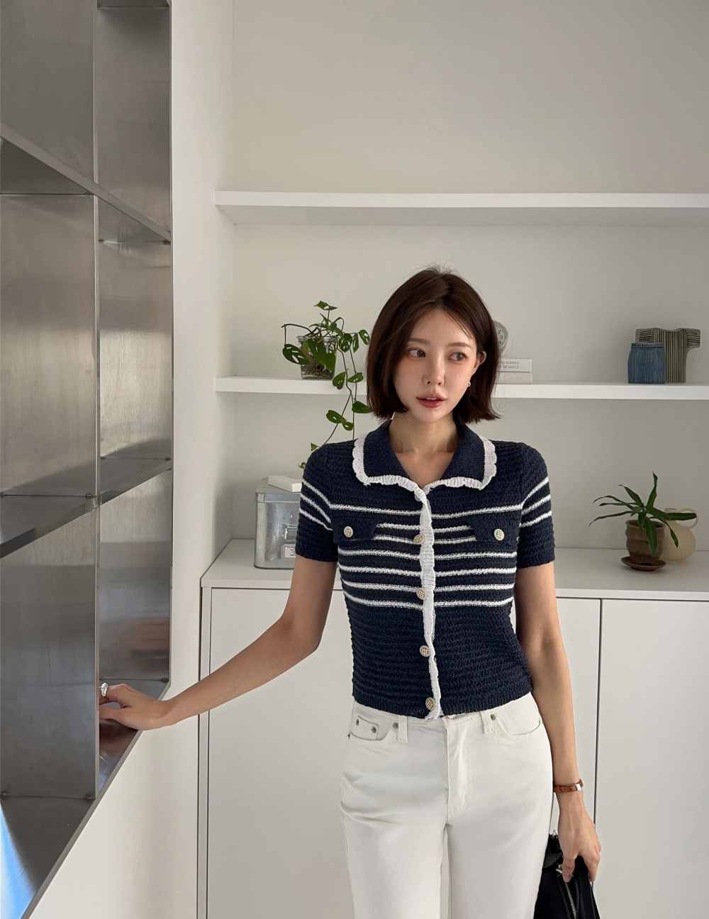 撞色翻領條紋針織上衣,KOREA,365099,撞色翻領條紋針織上衣,周新品優惠,NEWARRIVAL