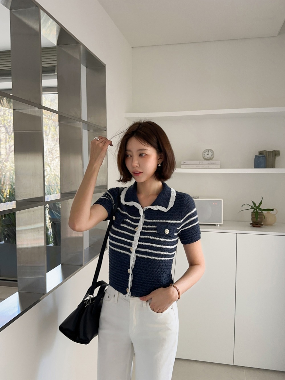 撞色翻領條紋針織上衣,KOREA,365099,撞色翻領條紋針織上衣,周新品優惠,NEWARRIVAL