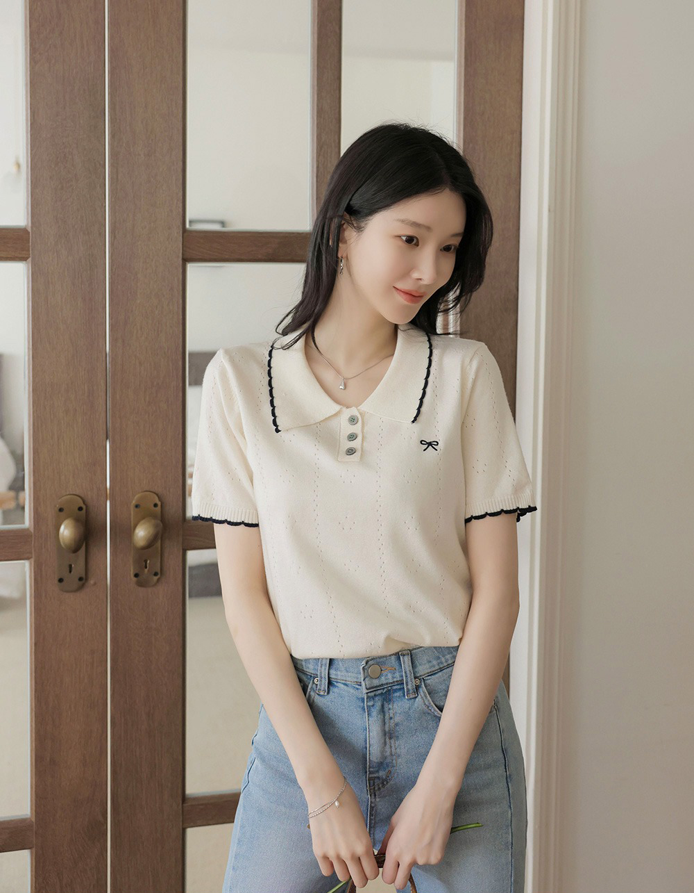 蝴蝶結小刺繡針織上衣,KOREA,365103,蝴蝶結小刺繡針織上衣,周新品優惠,NEWARRIVAL