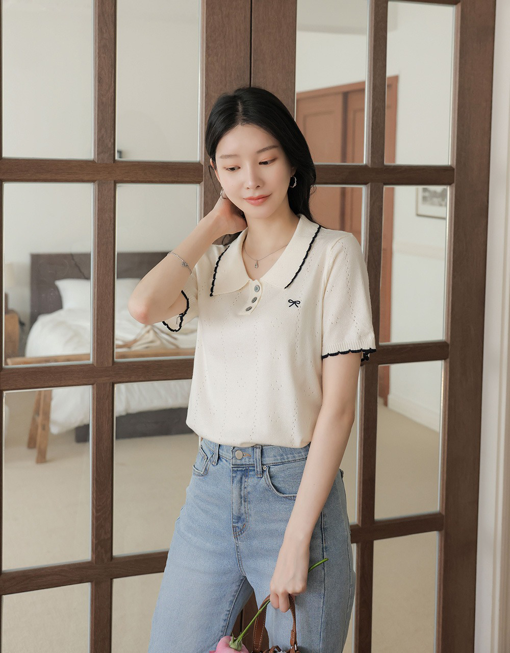 蝴蝶結小刺繡針織上衣,KOREA,365103,蝴蝶結小刺繡針織上衣,周新品優惠,NEWARRIVAL