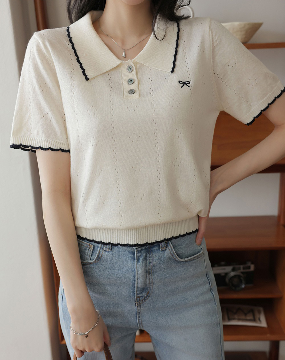 蝴蝶結小刺繡針織上衣,KOREA,365103,蝴蝶結小刺繡針織上衣,周新品優惠,NEWARRIVAL