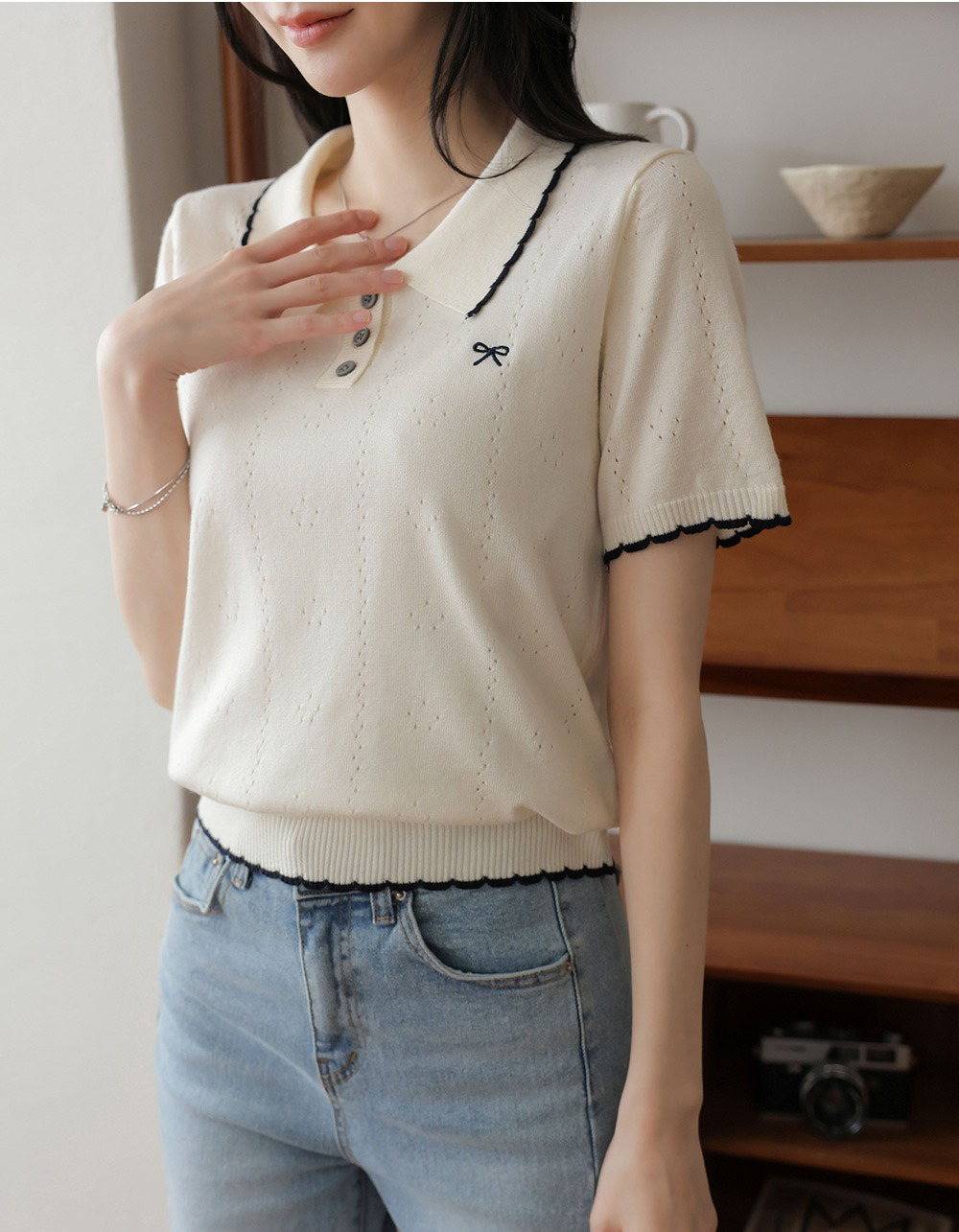 蝴蝶結小刺繡針織上衣,KOREA,365103,蝴蝶結小刺繡針織上衣,周新品優惠,NEWARRIVAL