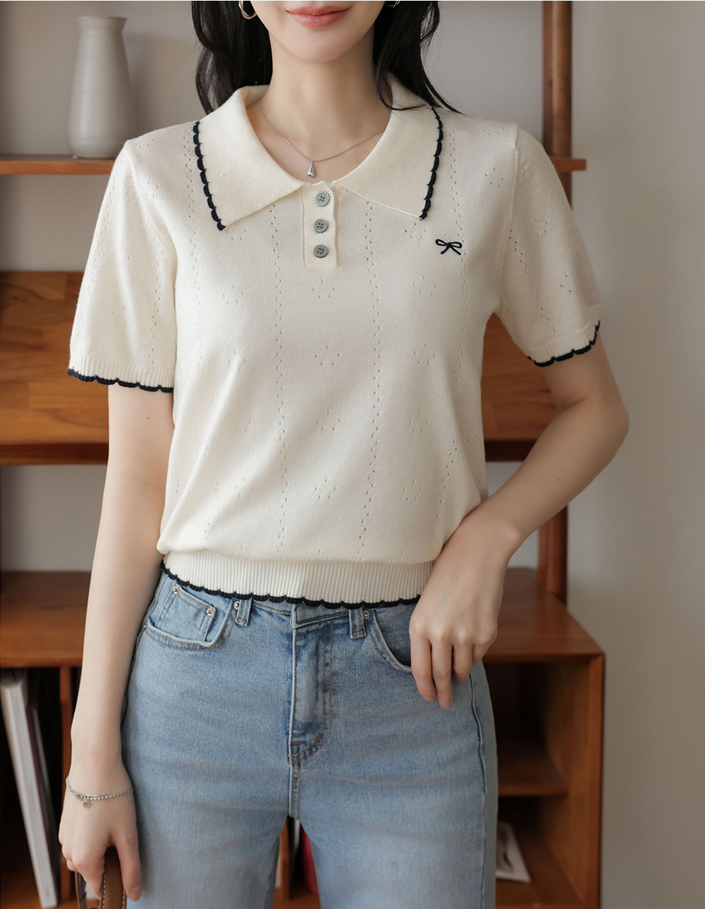 蝴蝶結小刺繡針織上衣,KOREA,365103,蝴蝶結小刺繡針織上衣,周新品優惠,NEWARRIVAL