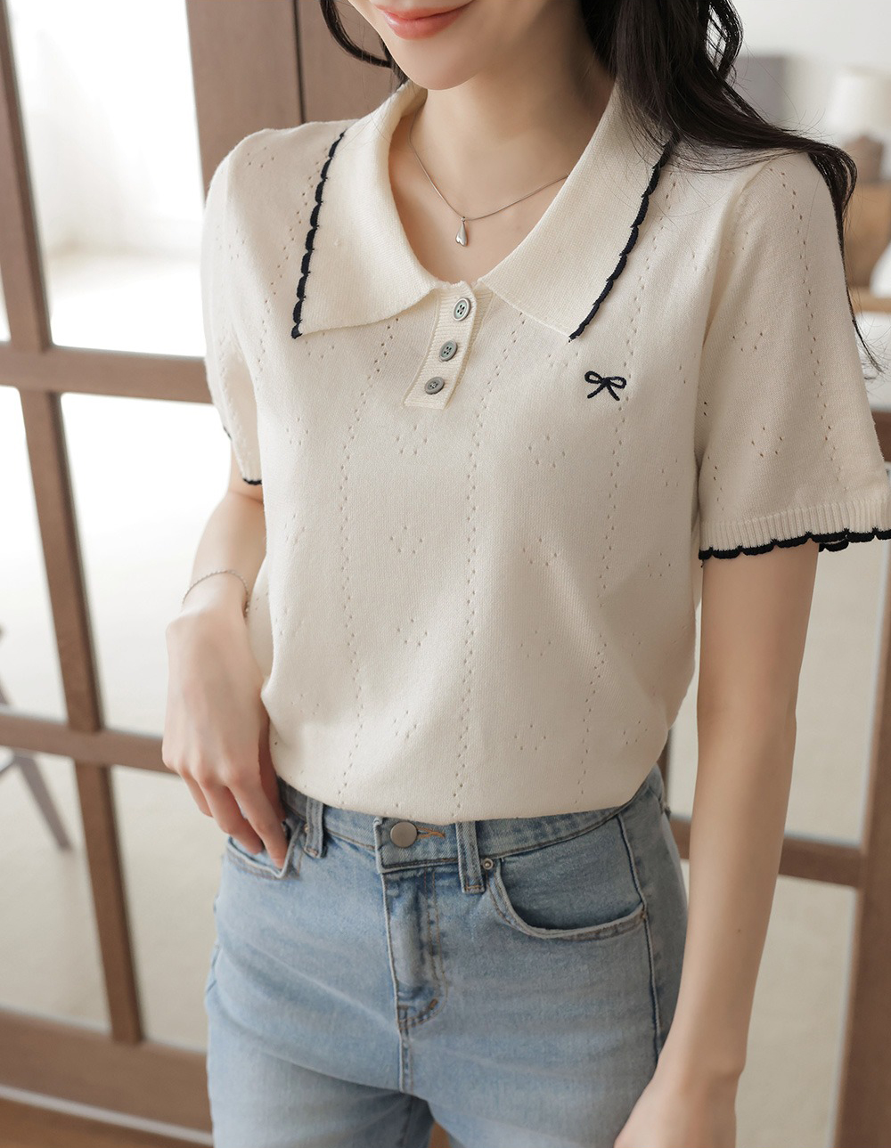 蝴蝶結小刺繡針織上衣,KOREA,365103,蝴蝶結小刺繡針織上衣,周新品優惠,NEWARRIVAL
