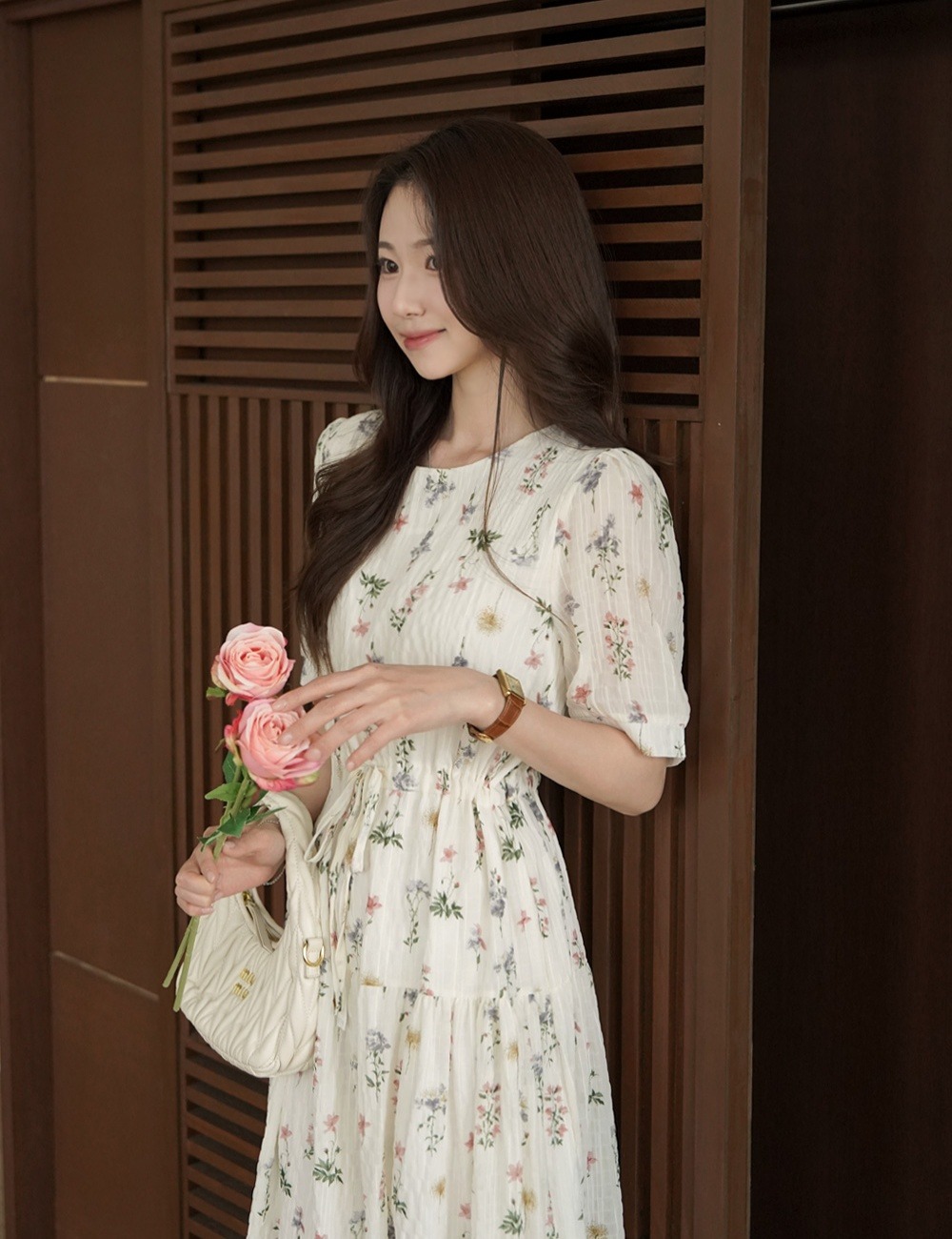花卉印花抽繩長洋裝,KOREA,365387,花卉印花抽繩長洋裝,周新品優惠,NEWARRIVAL