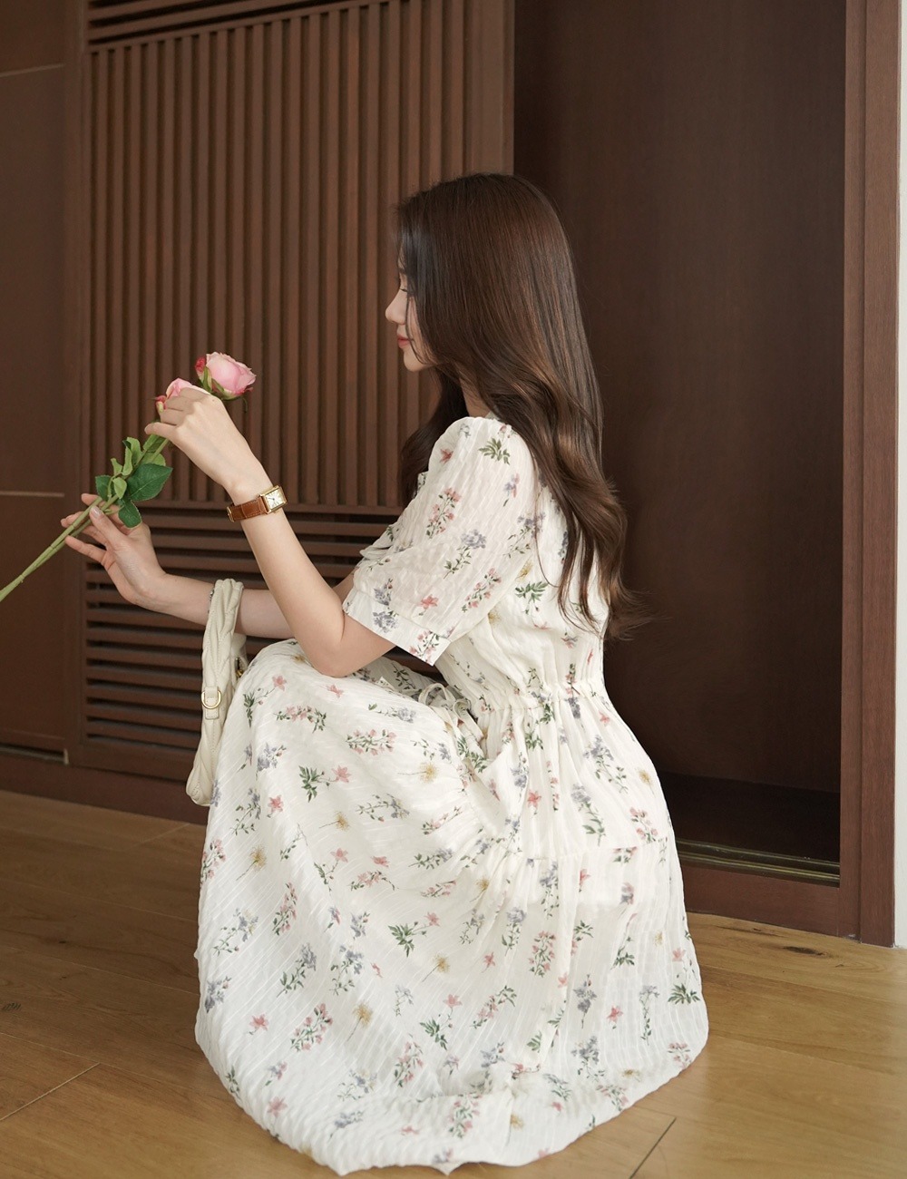 花卉印花抽繩長洋裝,KOREA,365387,花卉印花抽繩長洋裝,周新品優惠,NEWARRIVAL