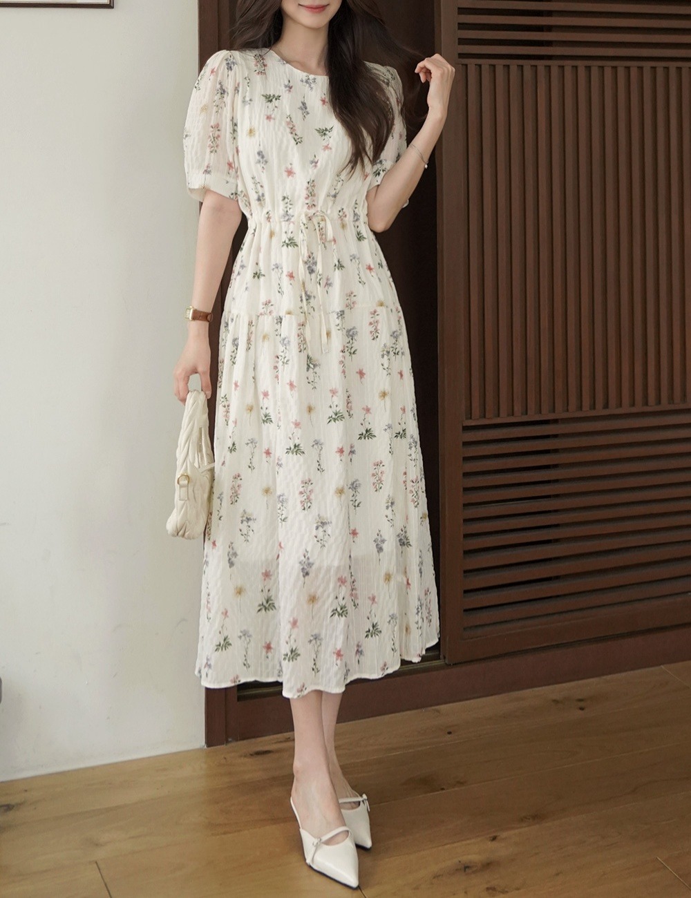 花卉印花抽繩長洋裝,KOREA,365387,花卉印花抽繩長洋裝,周新品優惠,NEWARRIVAL