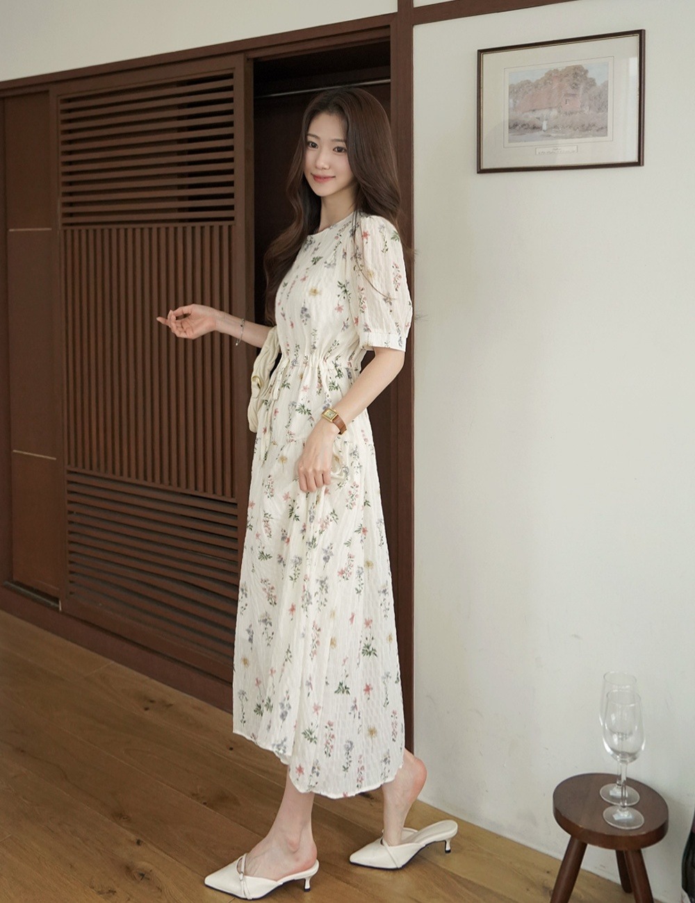 花卉印花抽繩長洋裝,KOREA,365387,花卉印花抽繩長洋裝,周新品優惠,NEWARRIVAL