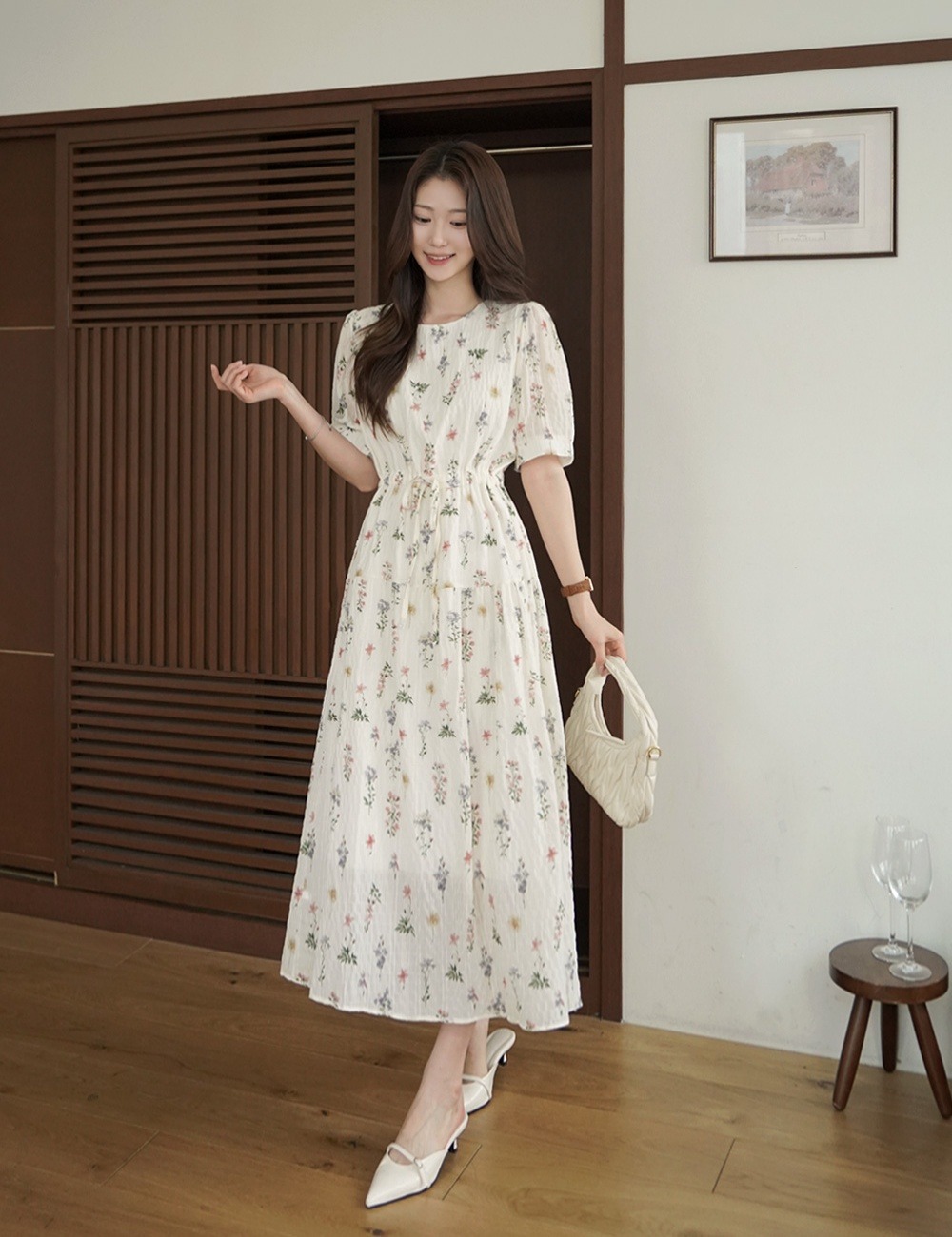 花卉印花抽繩長洋裝,KOREA,365387,花卉印花抽繩長洋裝,周新品優惠,NEWARRIVAL