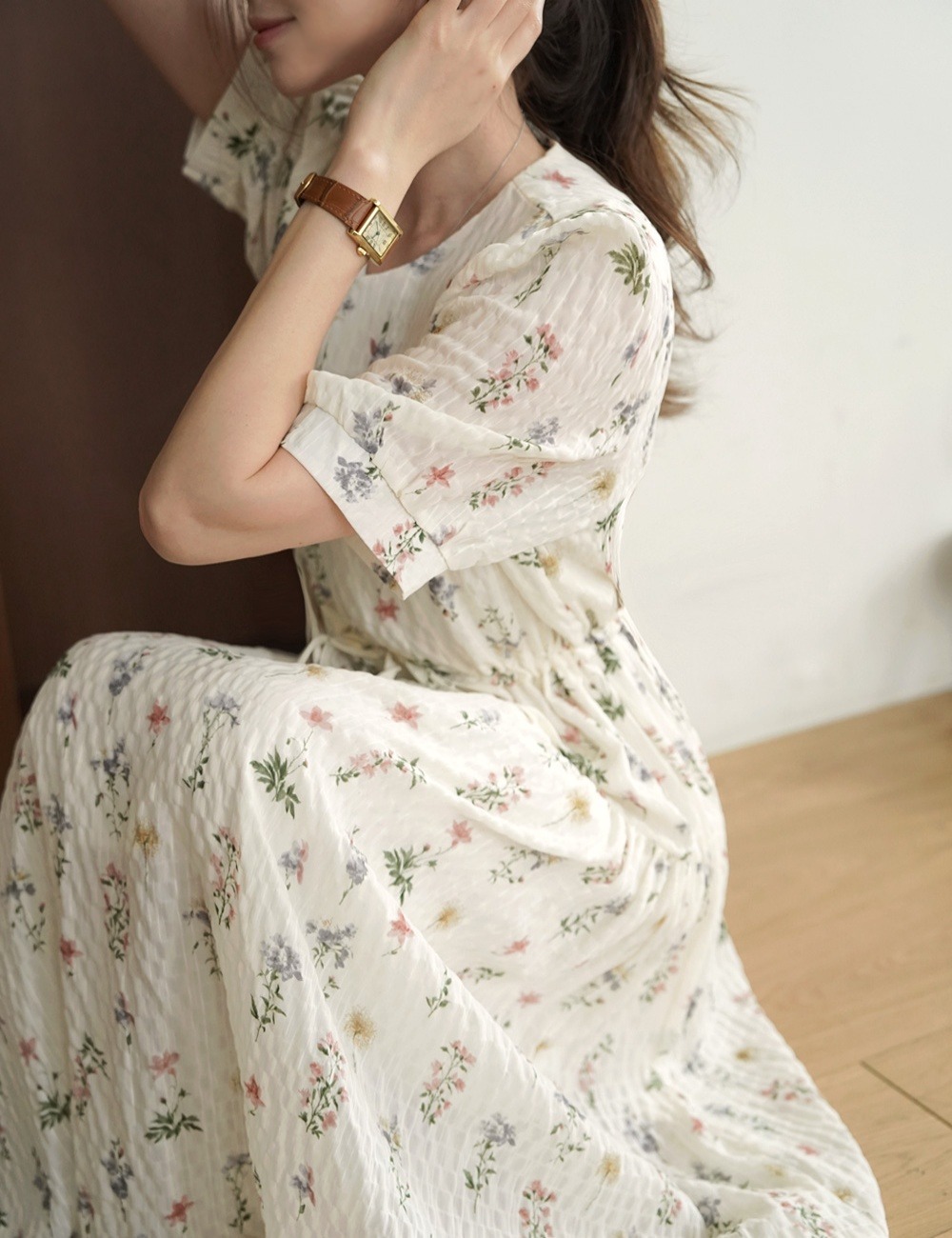 花卉印花抽繩長洋裝,KOREA,365387,花卉印花抽繩長洋裝,周新品優惠,NEWARRIVAL