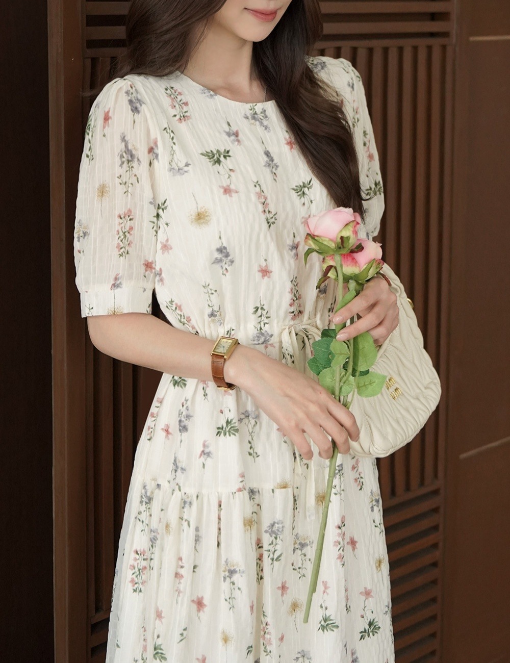 花卉印花抽繩長洋裝,KOREA,365387,花卉印花抽繩長洋裝,周新品優惠,NEWARRIVAL