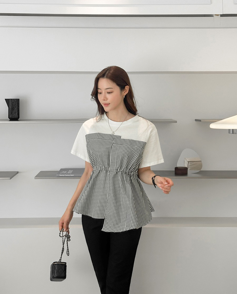 不對稱格紋拼接上衣,KOREA,366074,不對稱格紋拼接上衣,領500,999免運