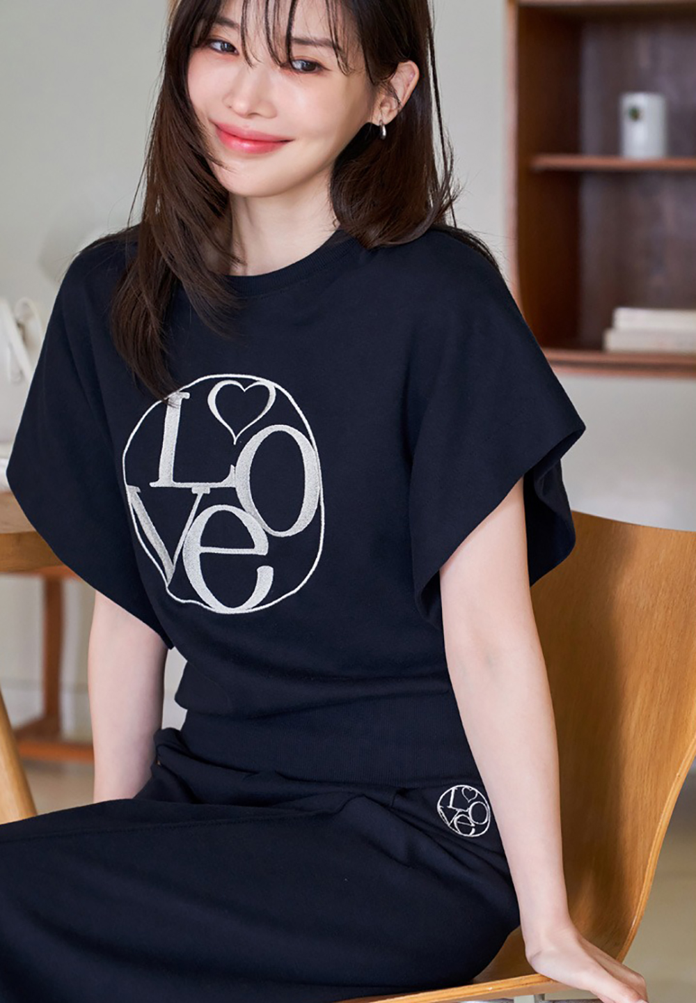 愛心字母刺繡長褲套裝,KOREA,366184,愛心字母刺繡長褲套裝,領500,999免運