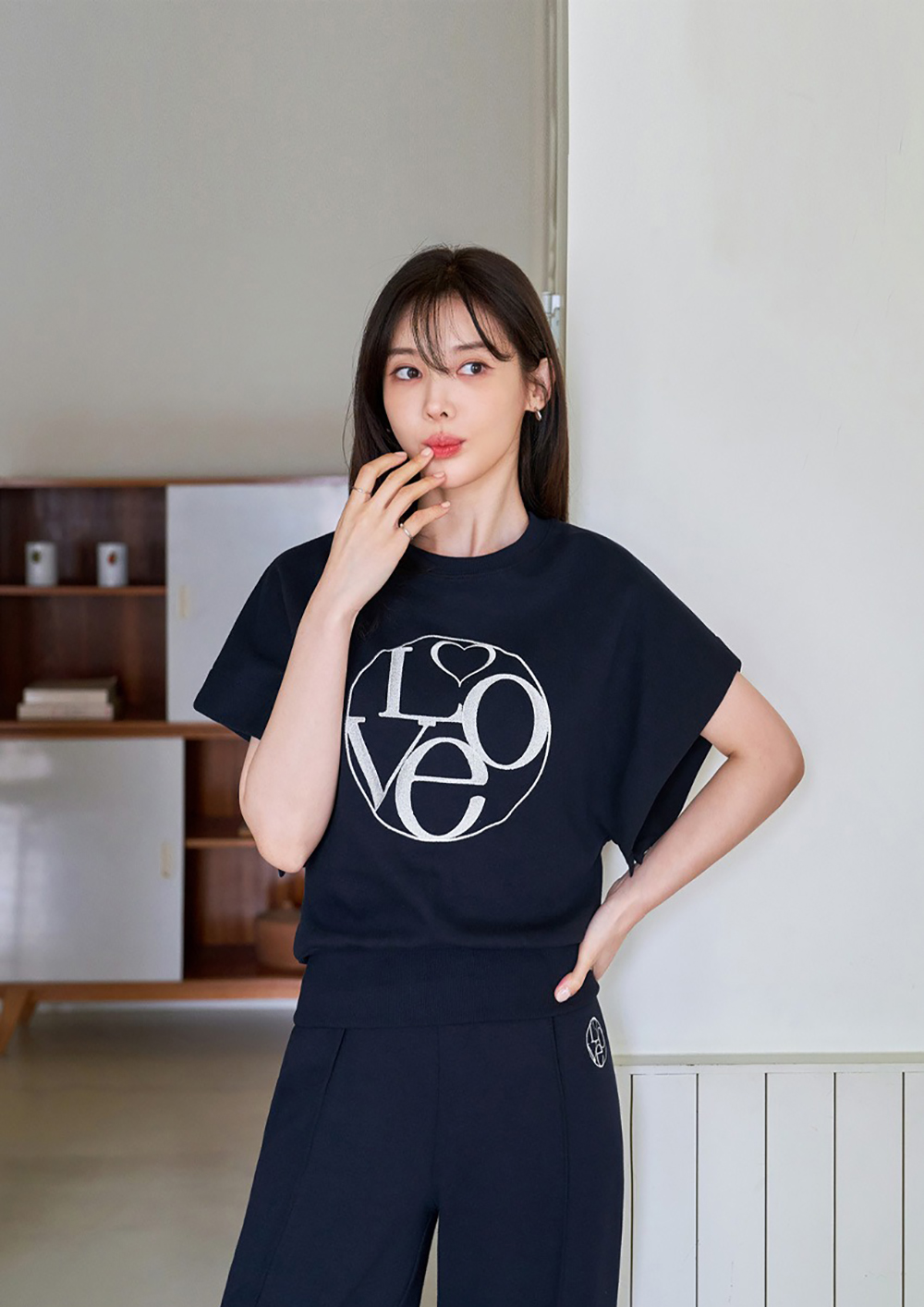愛心字母刺繡長褲套裝,KOREA,366184,愛心字母刺繡長褲套裝,領500,999免運